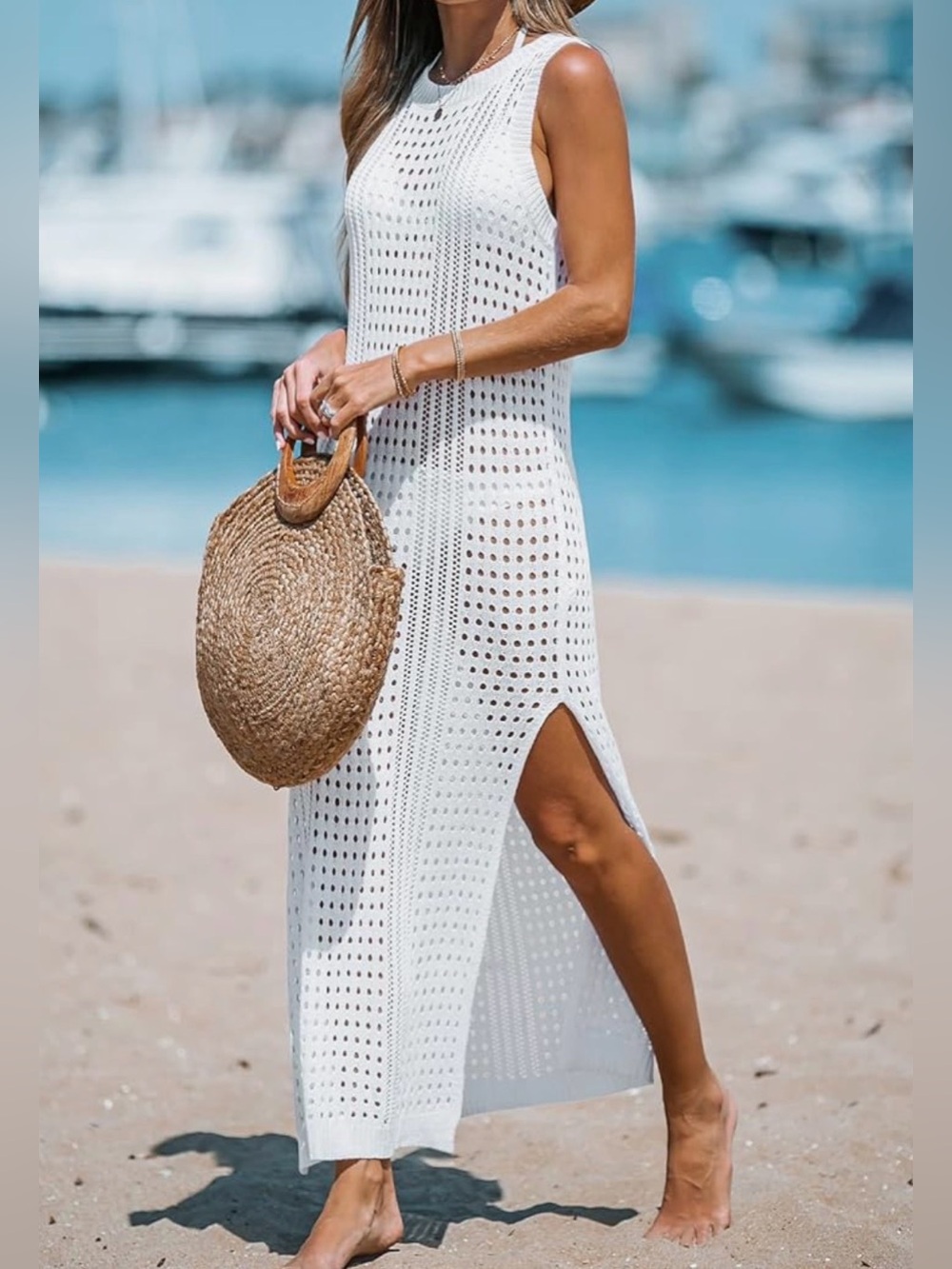 Cupshe Women’s Medium White Knit Cutout Bodycon Side Slit Maxi Cover Up Dress - Picture 13 of 13